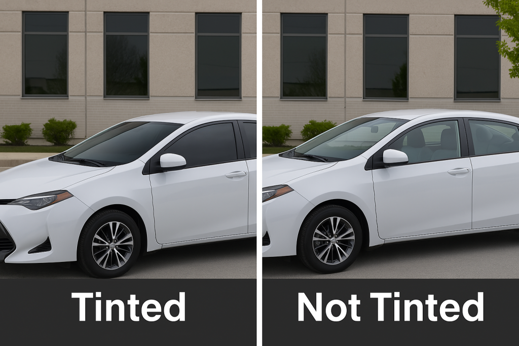 Side-by-side comparison of a white car with tinted windows versus the same car with clear, untinted windows.