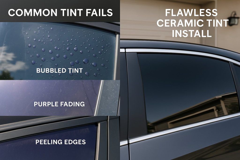 Side-by-side comparison of common tint failures—bubbling, purple fading, and peeling edges—next to a flawless ceramic window tint on a modern car.