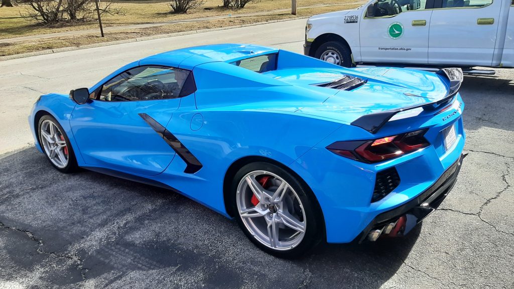 Bright blue Chevrolet Corvette after ceramic coating application at Retro Detailing in Bowling Green, Ohio.