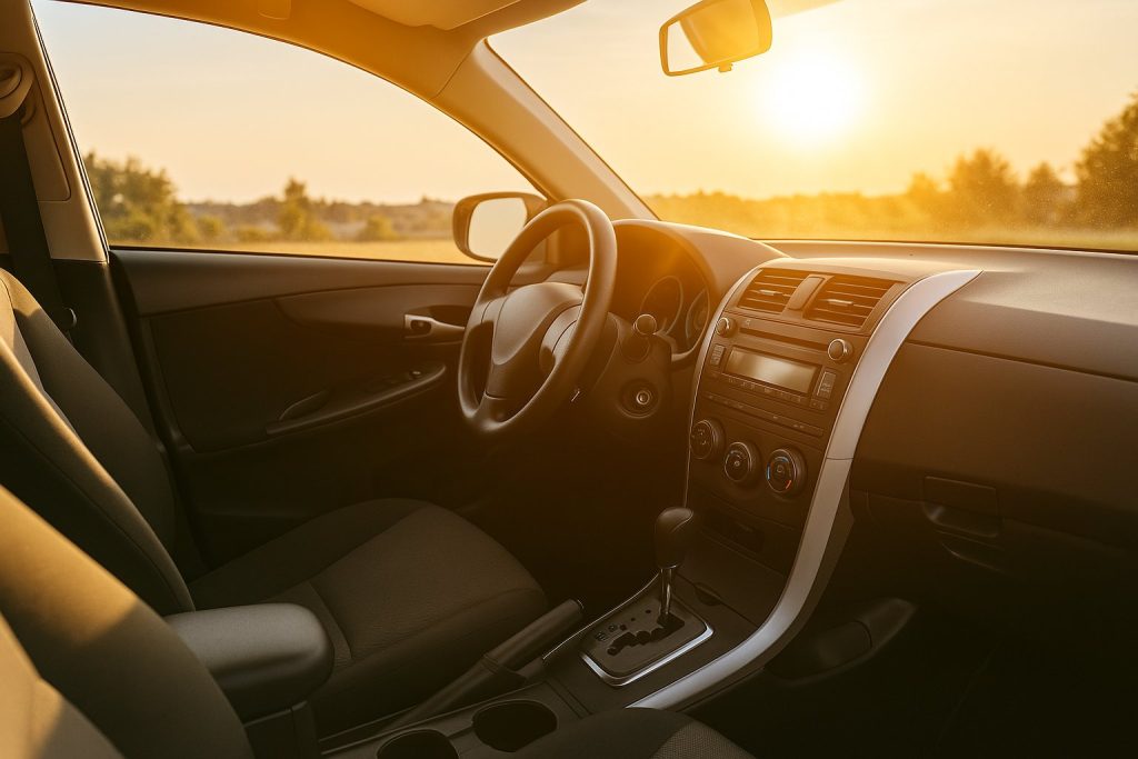 Interior of a car without window tint showing intense sunlight flooding through the windows, highlighting heat and UV exposure risks.