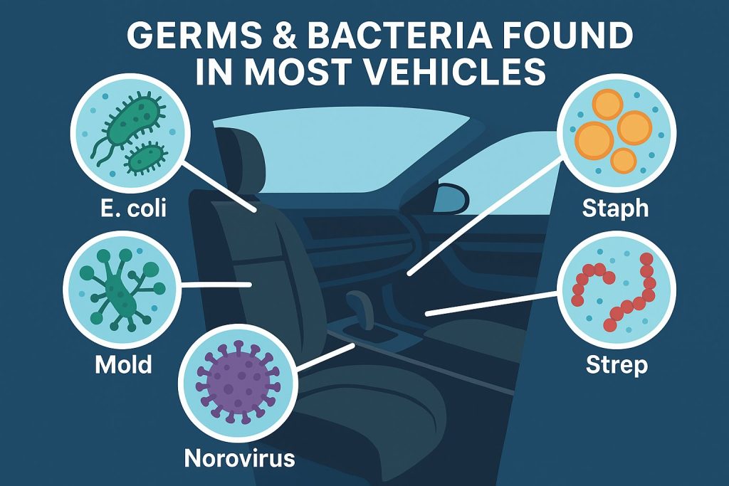 Flat-style graphic showing germs and bacteria commonly found in vehicle interiors, including E. coli, mold, staph, and allergens.