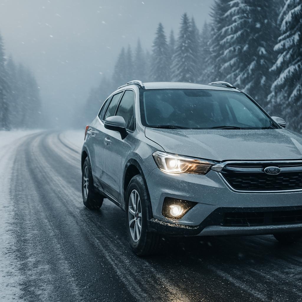 Silver SUV driving through a snowy road in Northwest Ohio during winter.