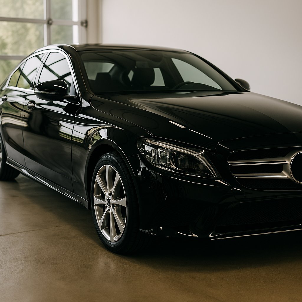 Glossy black luxury sedan indoors with a flawless ceramic coating finish reflecting the room’s lighting and surroundings.