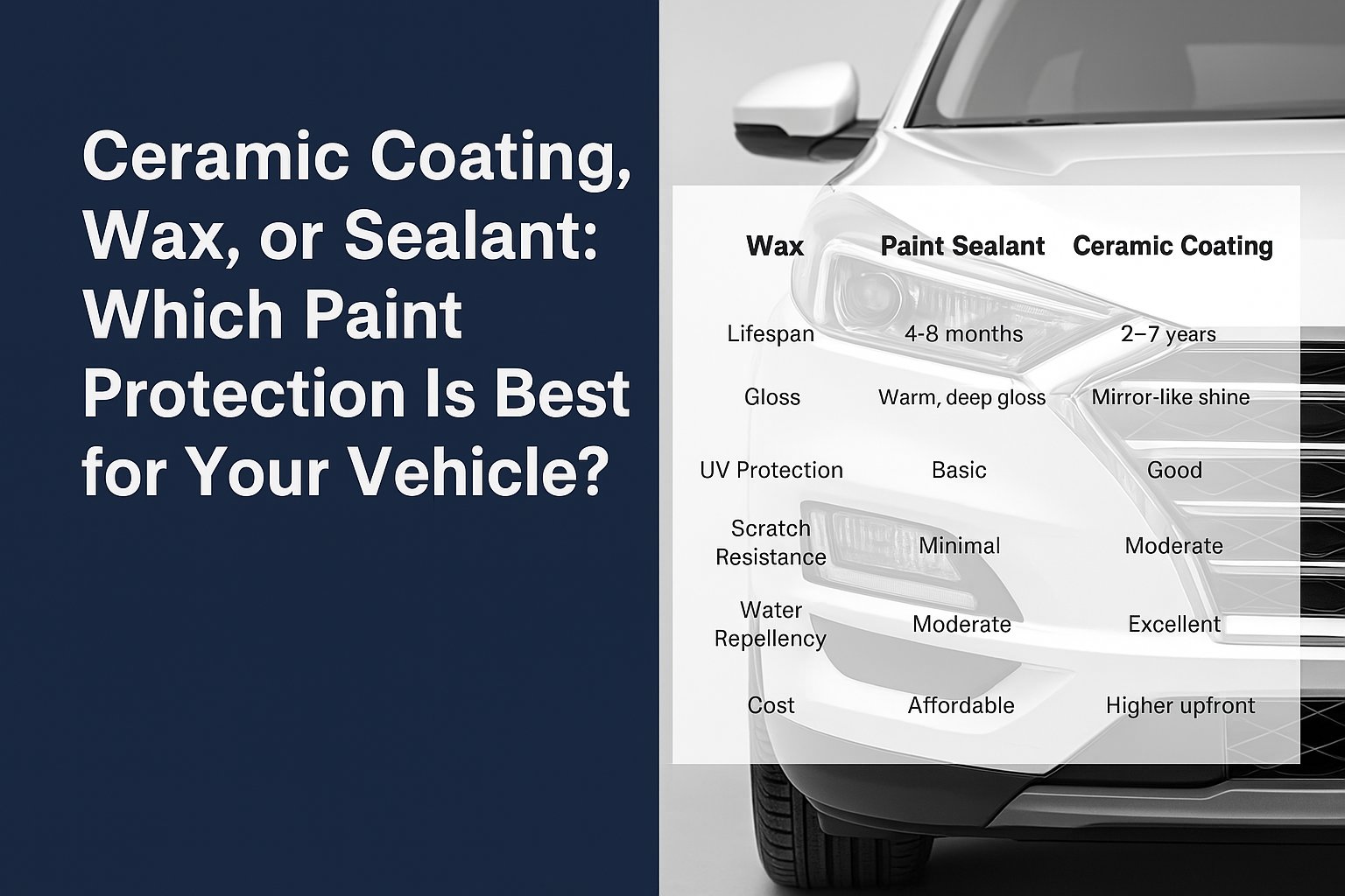 Infographic comparing ceramic coating, wax, and paint sealant for vehicle protection, highlighting differences in lifespan, gloss, UV protection, water repellency, and cost.