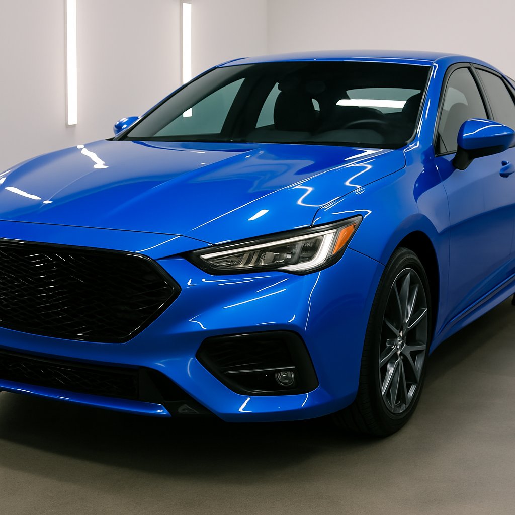 A high-gloss electric blue car in a professional detailing studio, reflecting overhead lights across its polished surface.