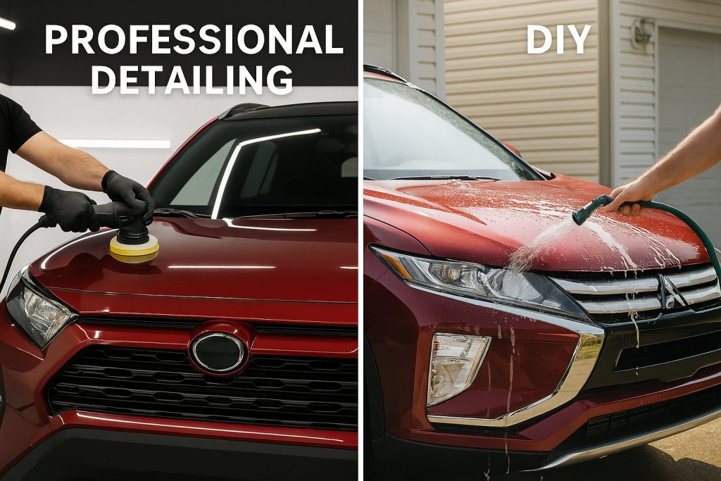 Side-by-side image showing professional detailing on the left and DIY car washing on the right, highlighting quality differences.