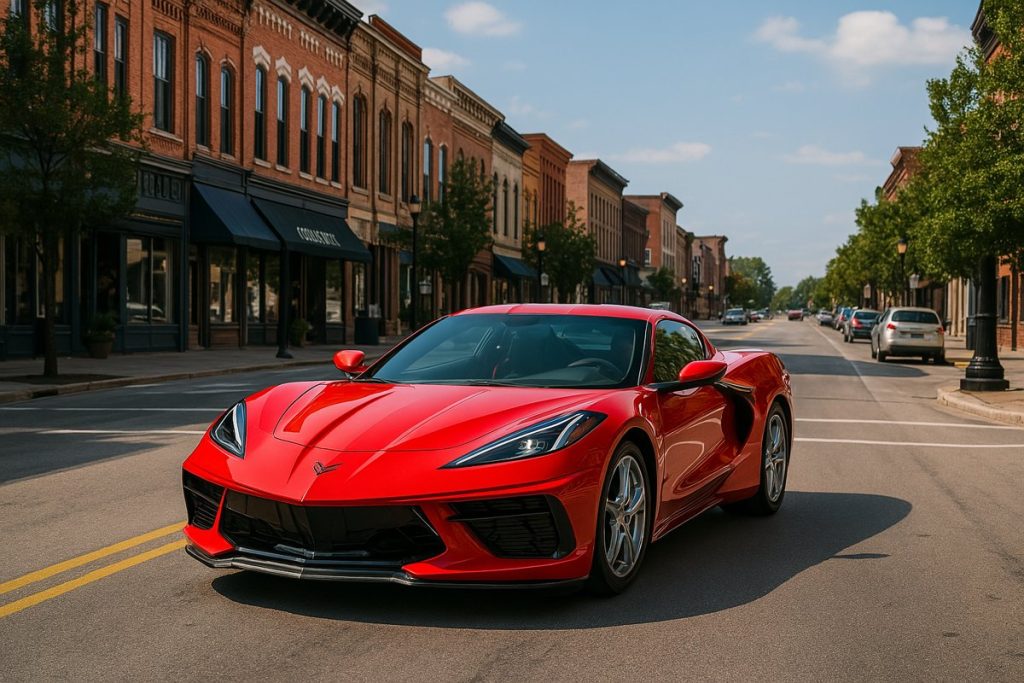 Shiny red sports car driving through a historic downtown street in Bowling Green, Ohio, reflecting sunlight on its polished surface.