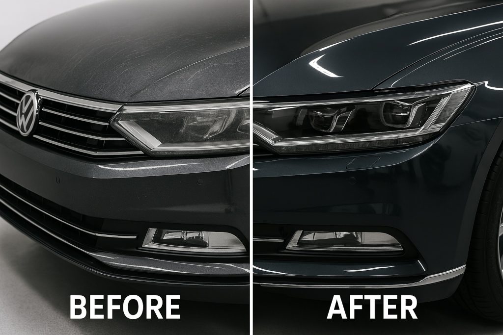 Side-by-side comparison of a vehicle before and after paint correction and ceramic coating
