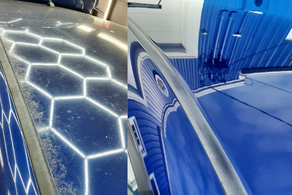 Before and after paint correction on a blue car, highlighting scratch removal and gloss restoration.