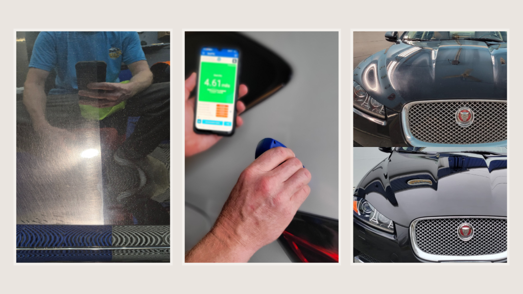 Three photos showing before-and-after paint correction, a paint depth meter reading, and proper detailing technique by Retro Detailing in Bowling Green, OH