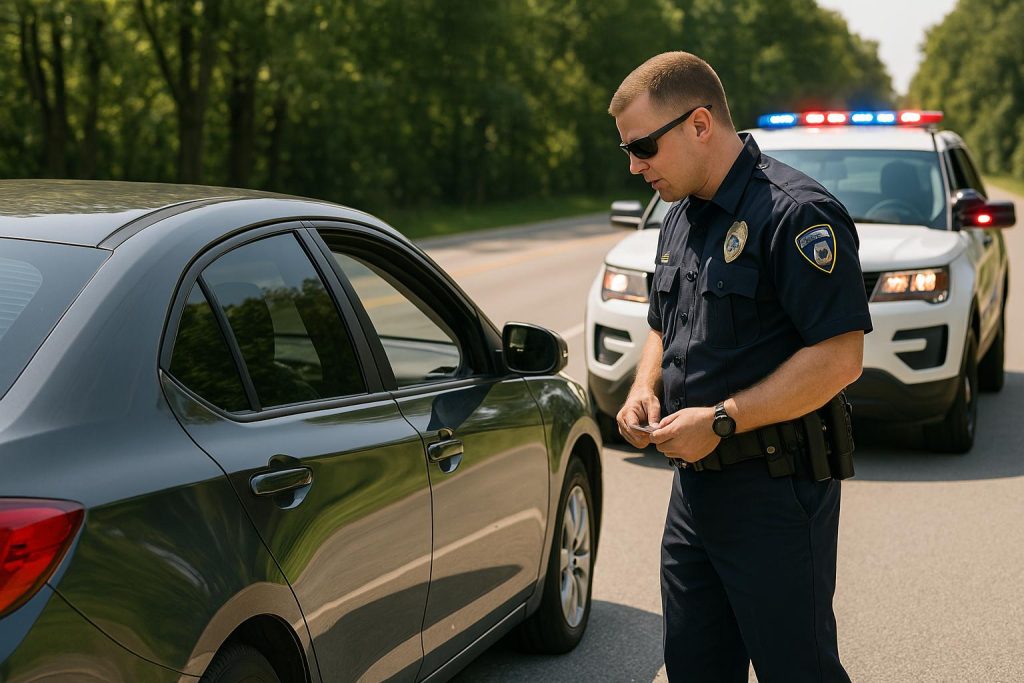 A police officer standing beside a car during a traffic stop, likely addressing a potential issue related to window tint laws.