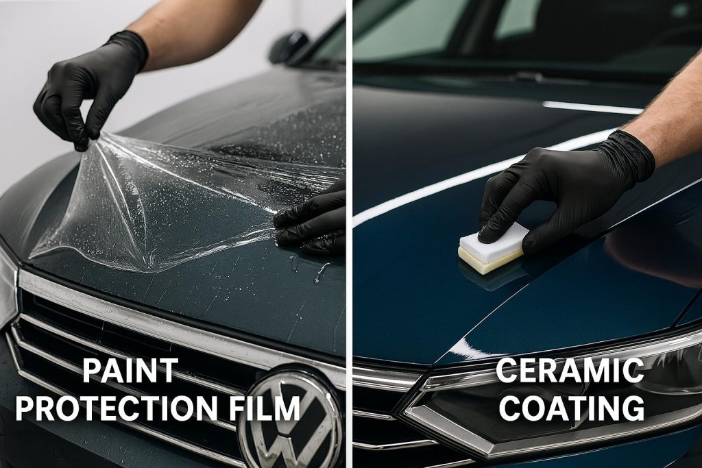 Side-by-side image comparing Paint Protection Film being applied to a vehicle and Ceramic Coating being applied on a car hood.