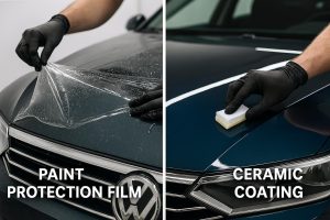 Side-by-side image comparing Paint Protection Film being applied to a vehicle and Ceramic Coating being applied on a car hood.