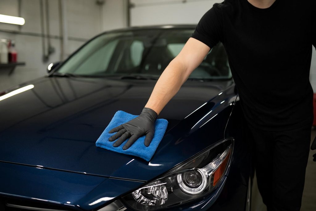 Gloved automotive detailer polishing a dark blue car hood inside a clean detailing shop.